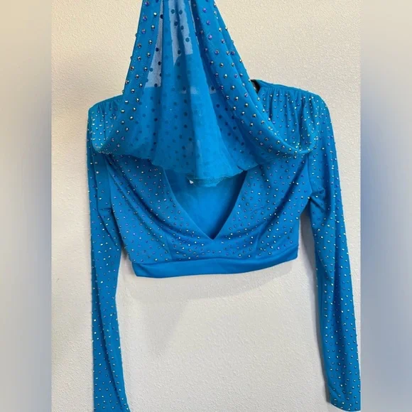 Cowl Mesh rop Top Vibrant Blue Beaded Blouse - Picture 7 of 7